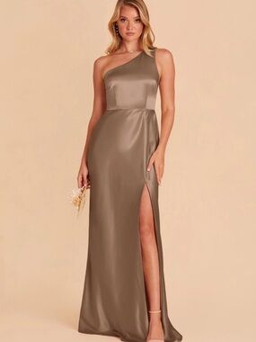 Birdy Grey Kira Dress Size XL NWT Shiny Satin Mocha One Shoulder Maxi Slit